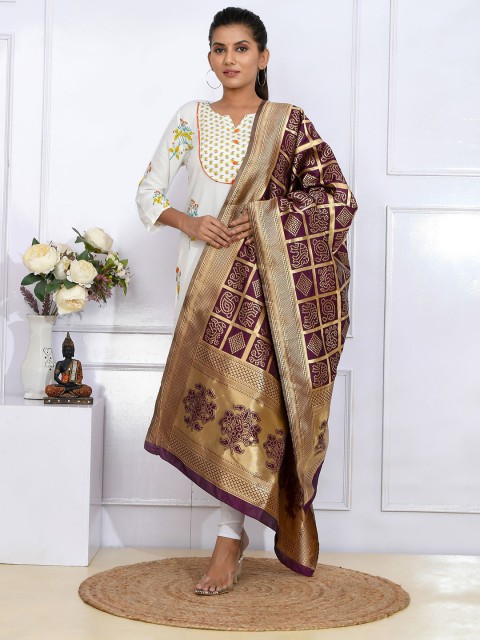 

Kesarya Women Purple & Gold-Toned Ethnic Motifs Woven Design Pure Silk Dupatta with Zari