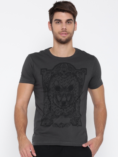 

Ed Hardy Men Charcoal Grey Printed Round Neck T-shirt