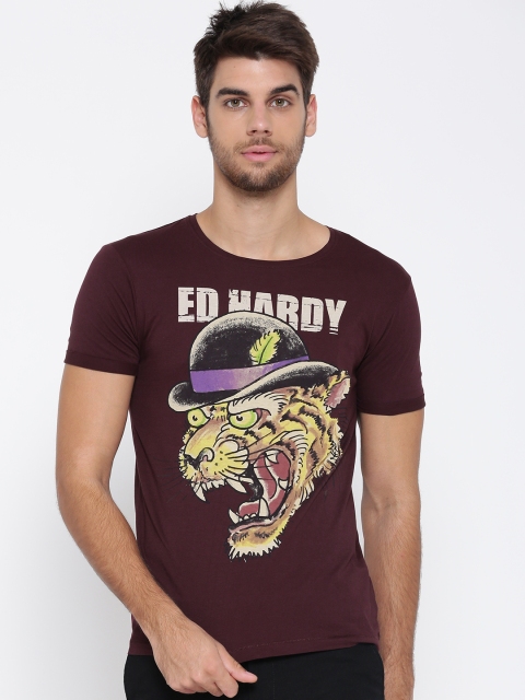 

Ed Hardy Men Burgundy Printed Round Neck T-shirt
