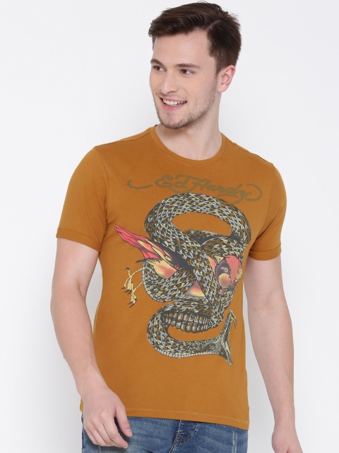 

Ed Hardy Men Mustard Brown Printed Round Neck T-shirt