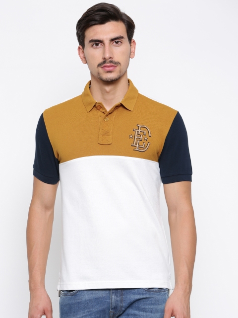 

Ed Hardy Men White Mustard Yellow Colourblocked Polo Collar Pure Cotton T-shirt