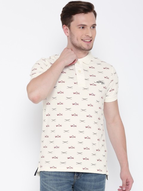 

Ed Hardy Men Off-White Printed Polo Collar T-shirt