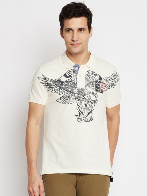 

Ed Hardy Men Off-White Printed Polo Collar T-shirt