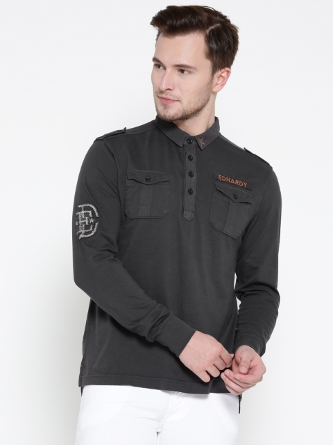 

Ed Hardy Men Charcoal Grey Solid Polo Collar T-shirt