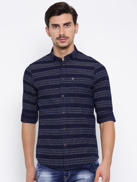 

Arrow Blue Jean Co. Men Navy & White Slim Fit Striped Casual Shirt, Navy blue