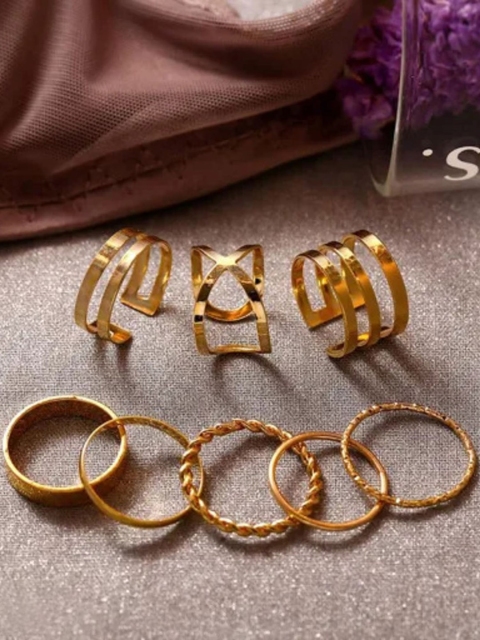 

Fashion Frill Set Of 8 Gold-Plated Textured Adjustable Finger Ring