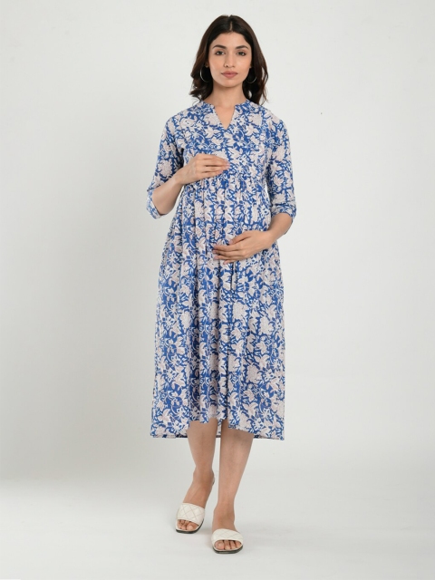 

CRAFIQA Women Floral Printed Maternity & Nursing Cotton Ethnic Dress, Blue