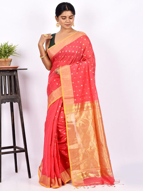 

AllSilks Pink & Gold-Toned Woven Design Zari Silk Blend Saree
