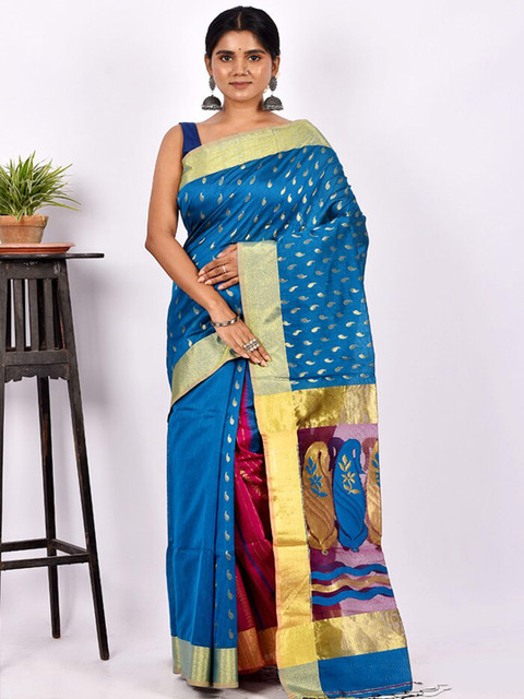 

AllSilks Blue & Gold-Toned Paisley Zari Silk Blend Saree