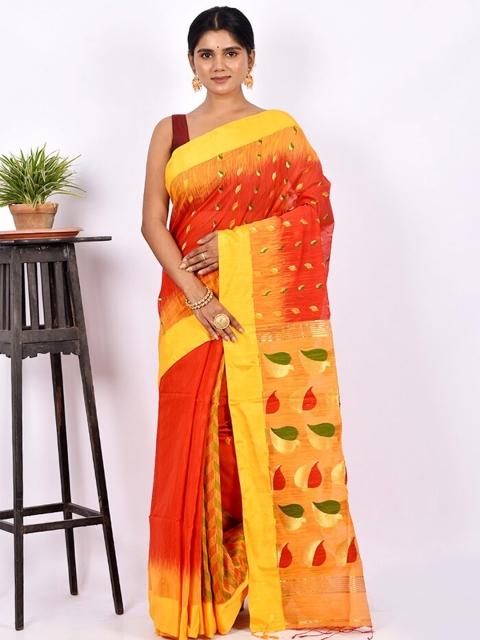 

AllSilks Orange & Yellow Ethnic Motif Silk Blend Saree