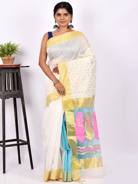 

AllSilks White & Green Paisley Zari Silk Blend Saree