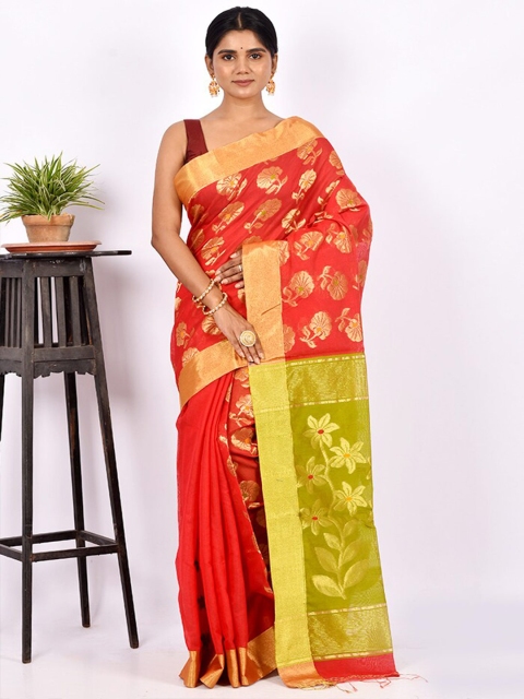 

AllSilks Red & Green Floral Zari Silk Blend Saree