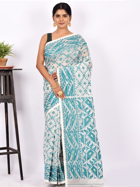 

AllSilks Cream-Coloured & Green Ethnic Motifs Pure Cotton Taant Saree