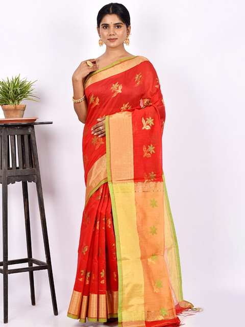 

AllSilks Red & Gold-Toned Floral Zari Silk Blend Saree