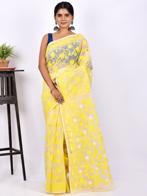 

AllSilks Yellow Floral Pure Cotton Taant Saree