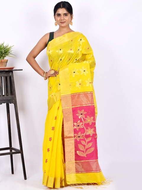 

AllSilks Yellow & Red Floral Zari Silk Blend Saree