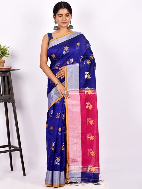 

AllSilks Navy Blue & Pink Floral Silk Blend Saree