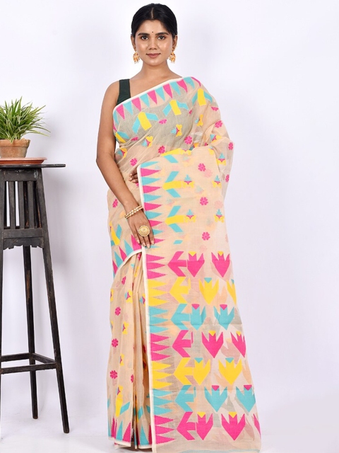 

AllSilks Cream-Coloured & Yellow Pure Cotton Taant Saree