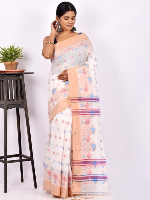 

AllSilks White & Purple Floral Silk Blend Saree