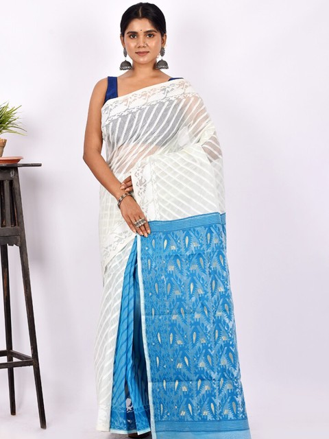 

AllSilks White & Blue Ethnic Motifs Pure Cotton Taant Saree