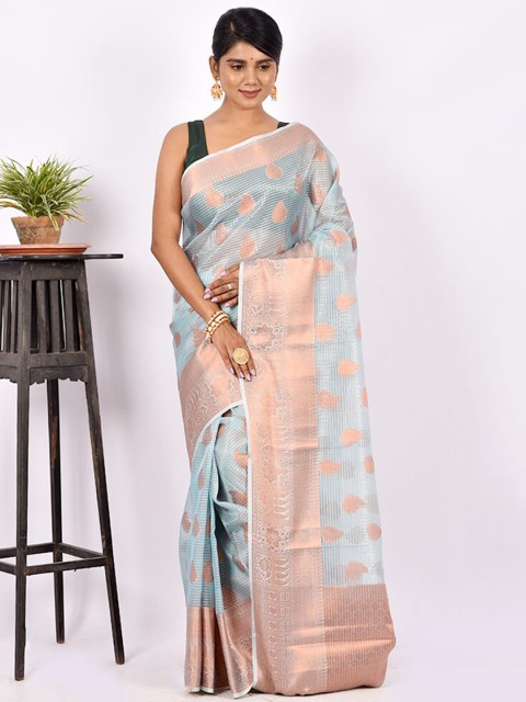 

AllSilks Blue & Gold-Toned Paisley Zari Silk Cotton Saree