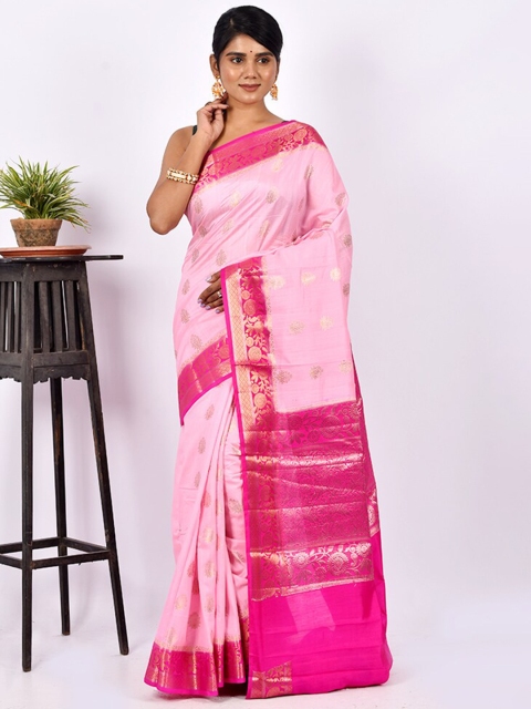 

AllSilks Pink & Gold-Toned Ethnic Motif Zari Silk Blend Tussar Saree