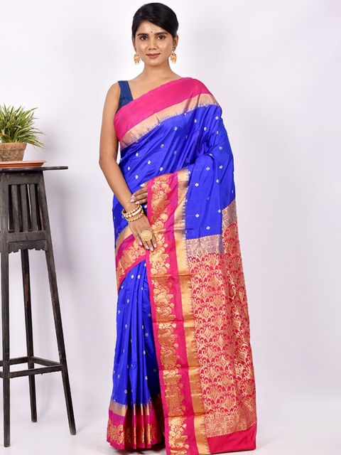 

AllSilks Blue & Pink Ethnic Motif Zari Pure Silk Kanjeevaram Saree