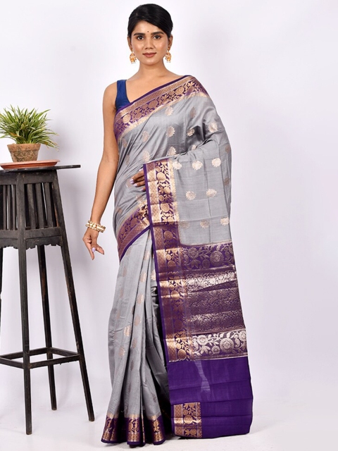 

AllSilks Grey & Gold-Toned Ethnic Motif Zari Silk Blend Tussar Saree
