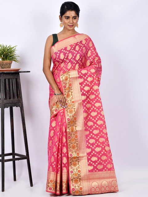 

AllSilks Pink & Gold-Toned Paisley Zari Silk Cotton Saree