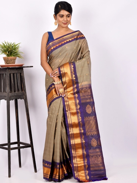 

AllSilks Brown & Purple Ethnic Motif Zari Pure Silk Gadwal Saree