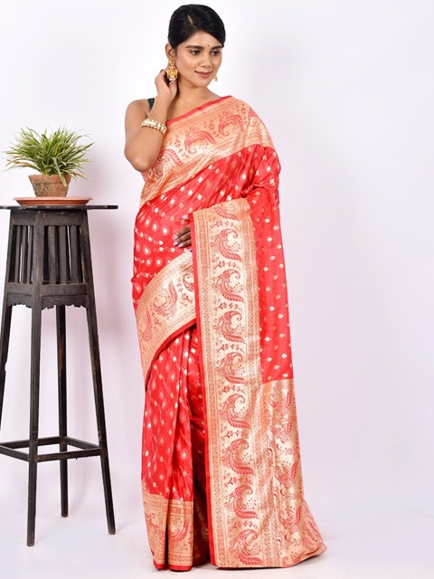 

AllSilks Red & Gold-Toned Ethnic Motif Zari Satin Banarasi Saree