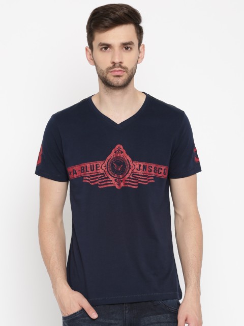 

Arrow Blue Jean Co. Men Navy Blue Printed V-Neck T-shirt