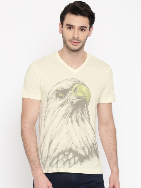 

Arrow Blue Jean Co. Men Cream Printed V-Neck T-shirt
