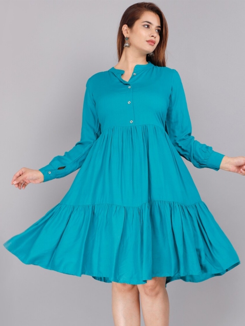 

Vastralay Women Turquoise Blue Fit & Flared Tiered Midi Dress