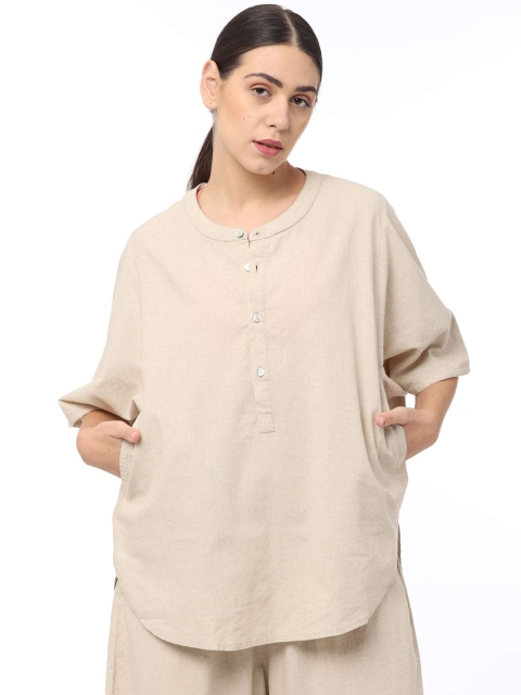 

Proyog Women Beige Mandarin Collar Extended Sleeves Boxy Top
