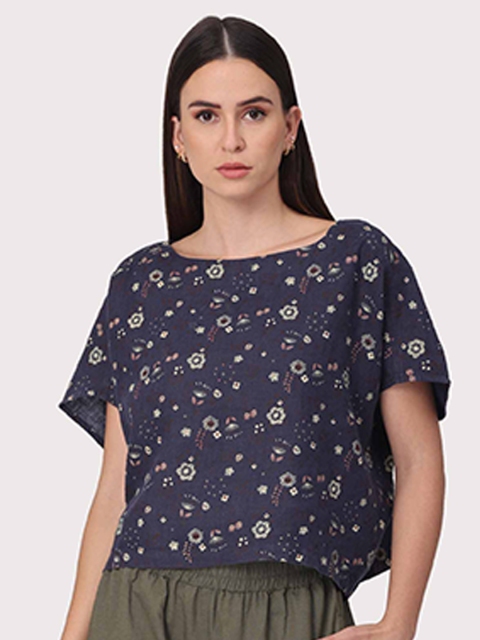 

Proyog Women Navy Blue Floral Print Extended Sleeves Linen Boxy Top