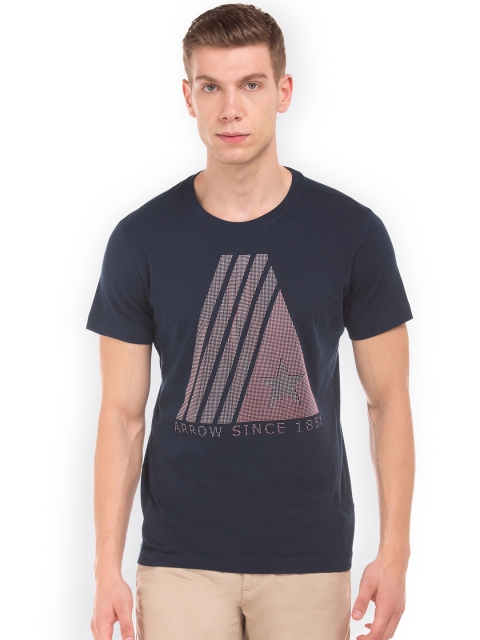 

Arrow Sport Men Bronze-Toned Checked Round Neck T-shirt, Navy blue