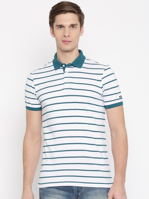 

Arrow Sport Men White & Teal Blue Striped Polo Collar T-shirt