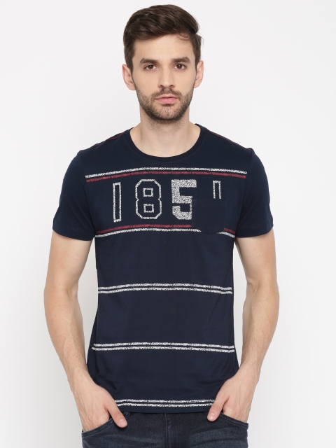

Arrow Sport Men Navy & White Striped Round Neck T-shirt, Navy blue