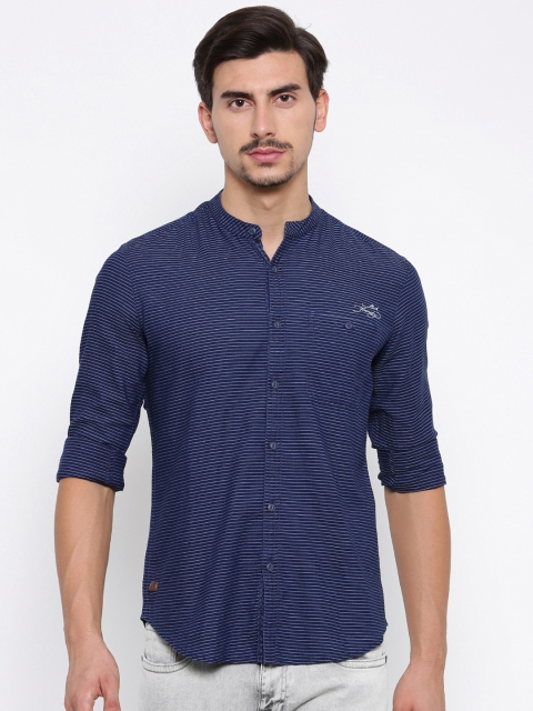 

Ed Hardy Men Navy Blue & White Regular Fit Striped Casual Shirt