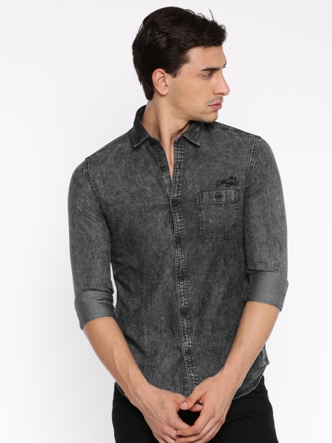 

Ed Hardy Men Charcoal Grey Faded Denim Casual Shirt