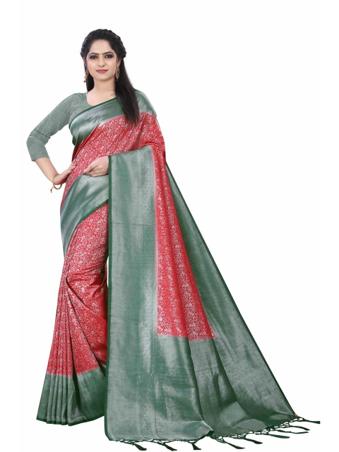 

HERE&NOW Red & Grey Woven Design Zari Silk Cotton Chanderi Saree