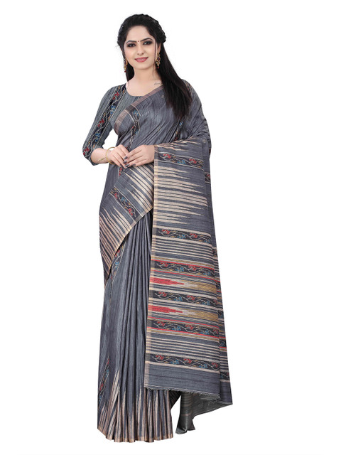 

HERE&NOW Grey & Red Ethnic Motifs Silk Cotton Chanderi Saree