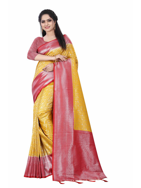 

HERE&NOW Yellow & Pink Woven Design Zari Silk Cotton Chanderi Saree