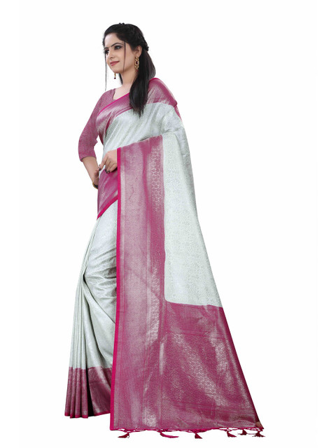 

HERE&NOW Pink & Grey Woven Design Zari Silk Cotton Chanderi Saree