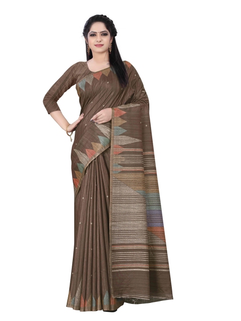 

HERE&NOW Brown & Gold-Toned Woven Design Silk Cotton Chanderi Saree