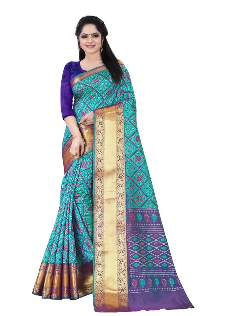 

HERE&NOW Blue & Gold-Toned Ethnic Motifs Silk Cotton Patola Saree