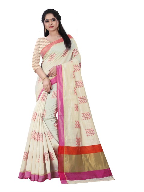 

HERE&NOW Off White & Pink Woven Design Zari Silk Cotton Tussar Saree