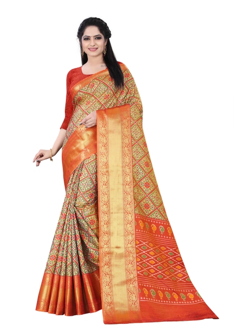 

HERE&NOW Orange & Gold-Toned Ethnic Motifs Zari Silk Cotton Patola Saree