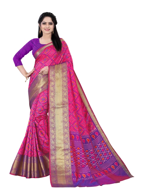 

HERE&NOW Pink & Gold-Toned Ethnic Motifs Zari Silk Cotton Patola Saree